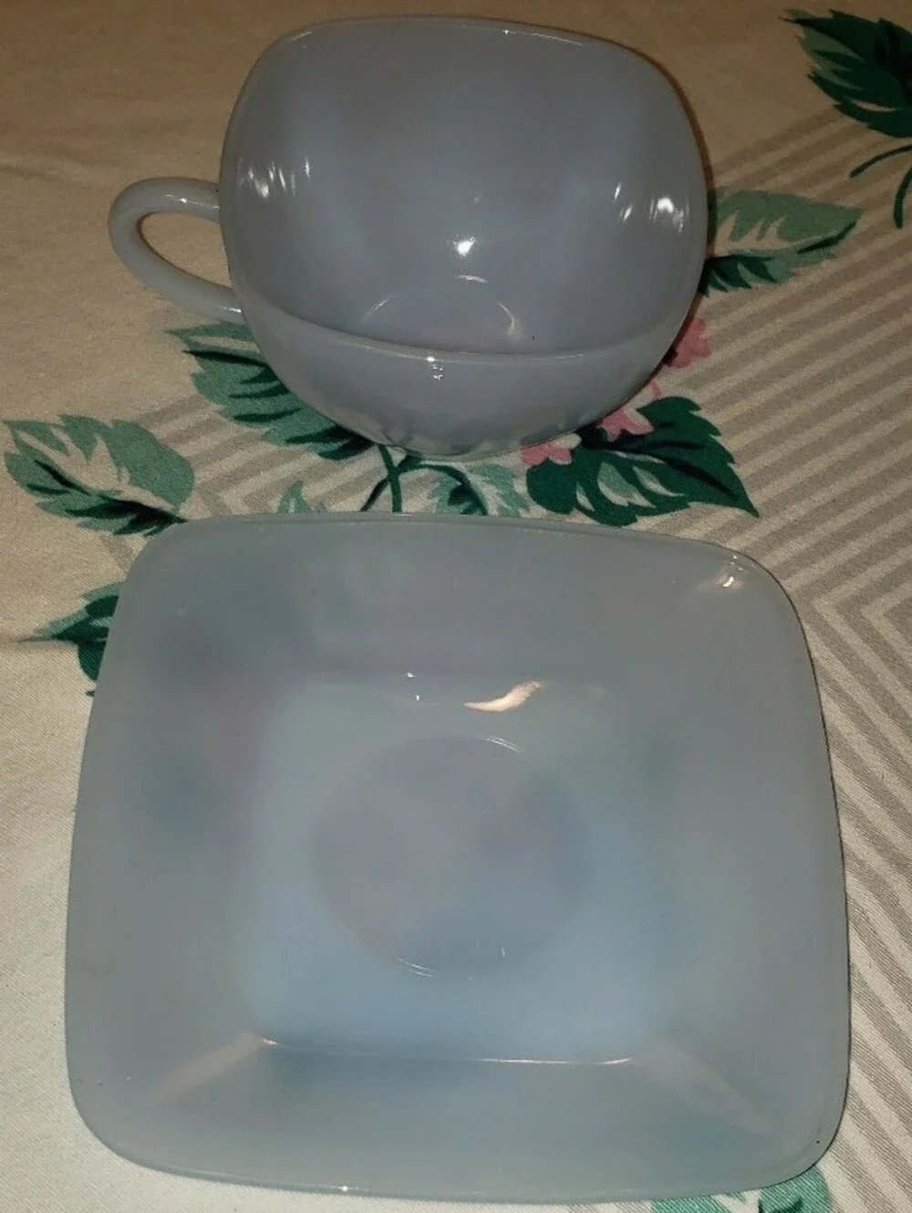 Vintage Mid-Century Azurite Delphite Blue Milk Glass Tea Cup & Saucer Set